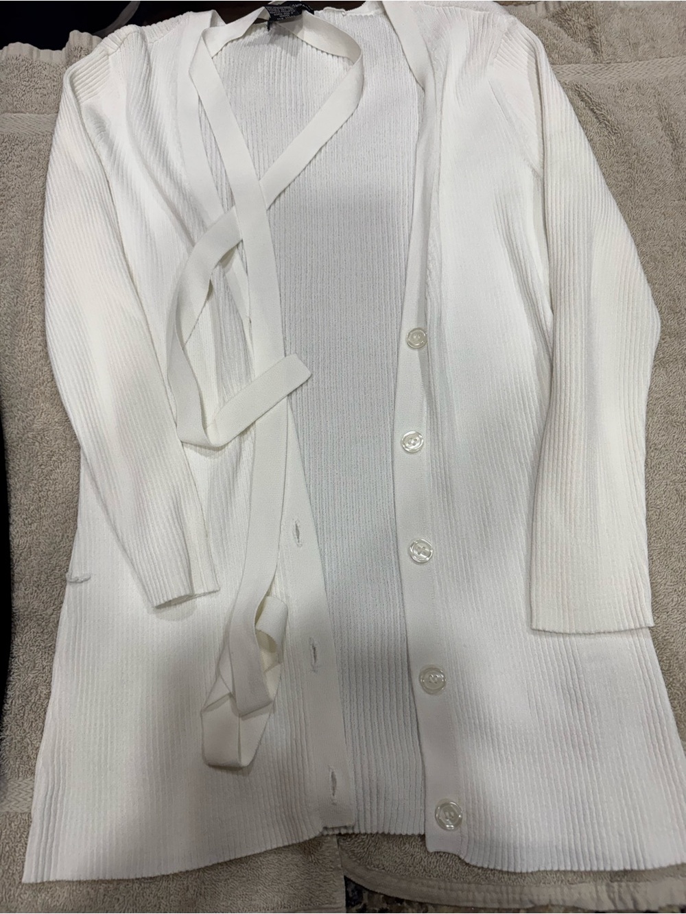 White Ribbed Button-Front Long Cardigan with Tie  (CL-5)